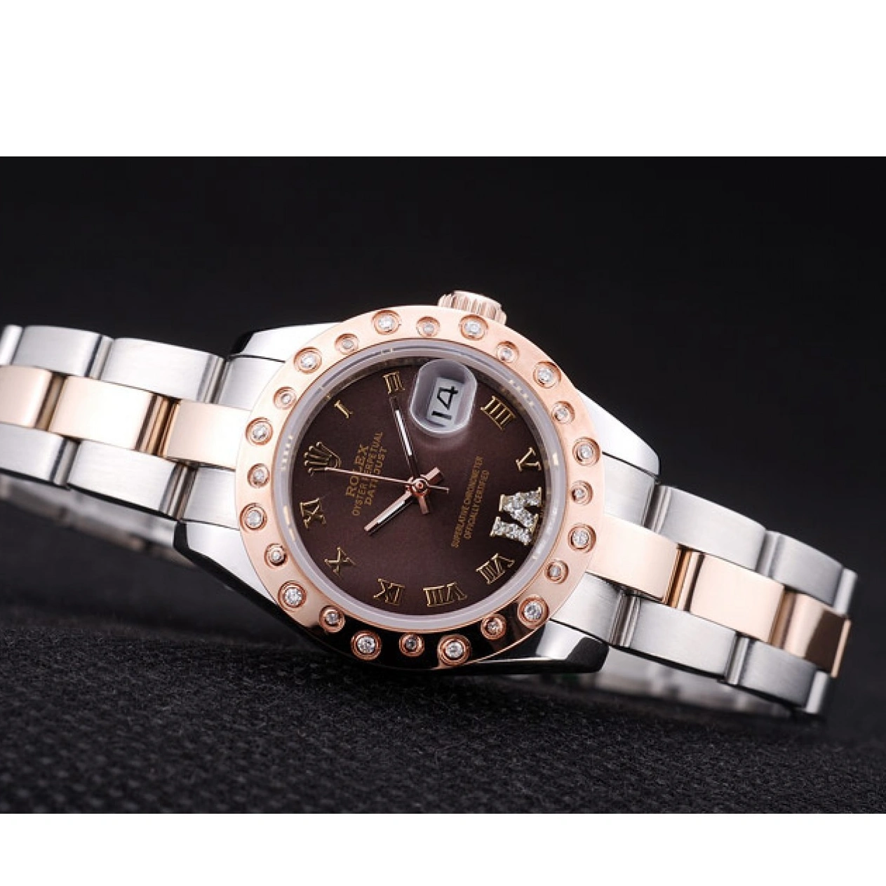 Best AAA Replica Sites Rose Brown Diamonds Bezel Gold Polished Dial Datejust 7475 Rolex 1015